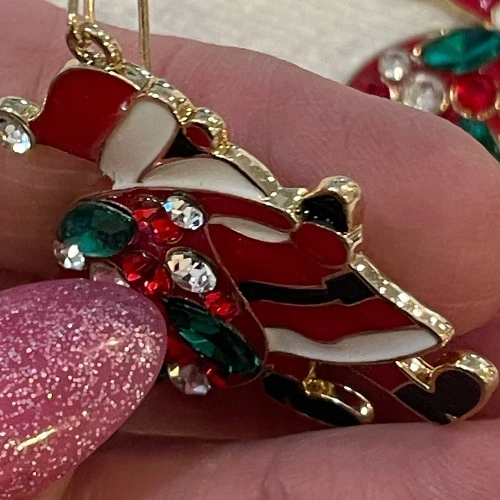 💐5/25 Santa enamel colorful silvertone Christmas earrings rhinestone gift bag